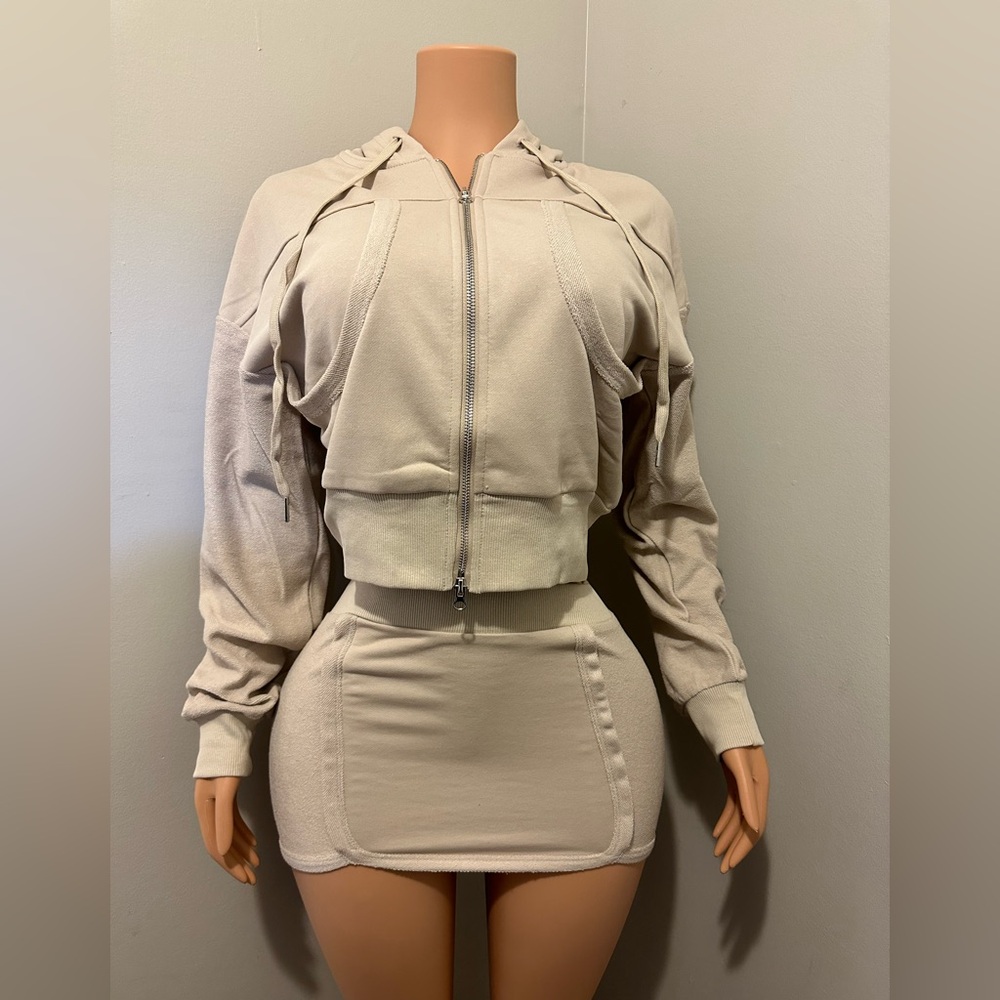 Trendy Fall Cropped Hoodie & Mini Skirt Set | Neutral Beige